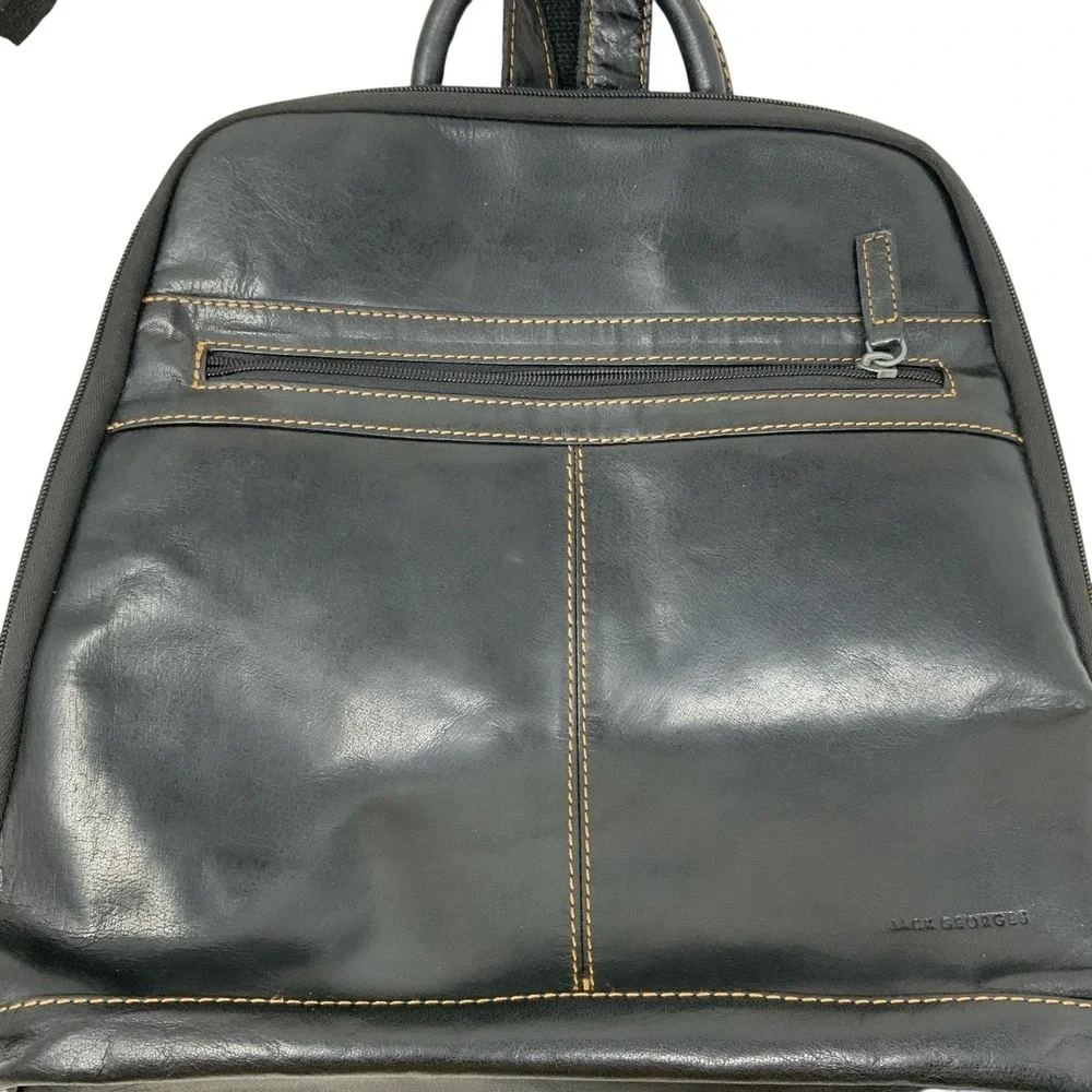 Jack Georges Voyager Black Leather Backpack Handbag Contrast Stitch Organize